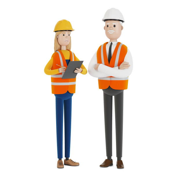 质量控制，生产检验。一位土木工程师向一位女巡视员讲述已完成的工作。3D插图卡通风格。图片下载