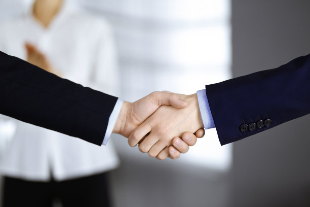 商务人士在会议或谈判中握手，特写。一群不知名的商人和一个女人站在一个现代化的办公室里。团队合作，伙伴关系和握手的概念图片下载