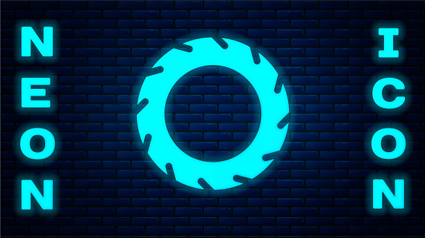 发光的霓虹灯汽车轮胎图标孤立在砖块上图片下载