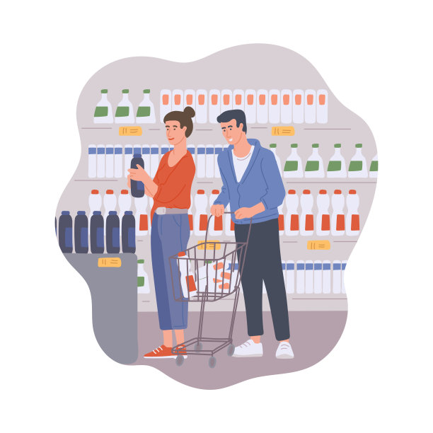 年轻的情侣一起在超市购物，平面矢量插图。图片下载