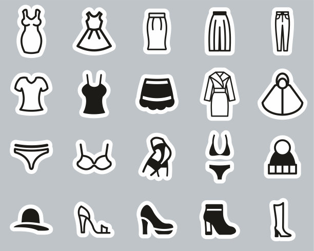 女人的服装图标黑色和白色贴纸设置大图片下载