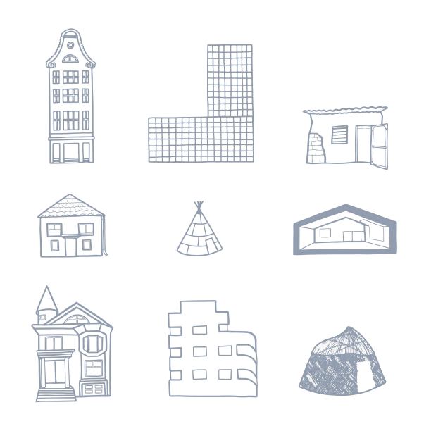 独特的房子和建筑在世界各地的平面轮廓风格在白色背景矢量图片下载