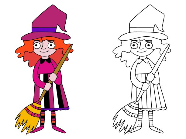 女巫用扫帚装扮女孩，女巫的帽子向量涂色页图片下载