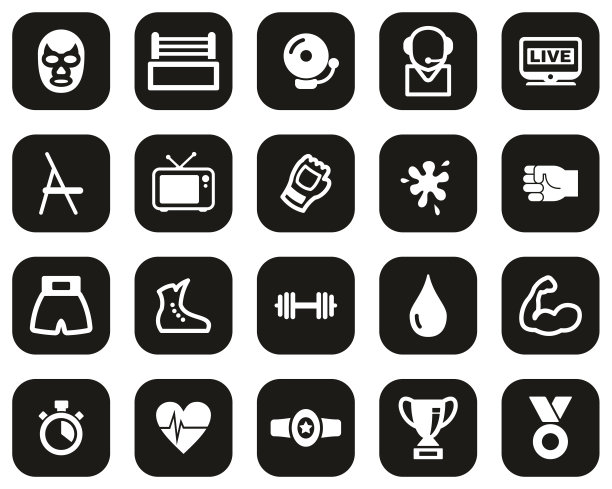 摔跤运动和设备图标白色在黑色的平面设计设置大图片下载