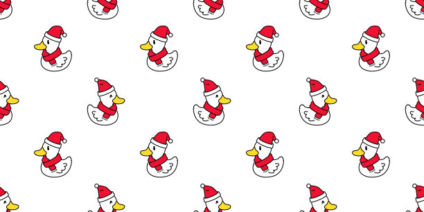 鸭子无缝图案圣诞老人帽向量橡胶鸭子鸟农场卡通围巾孤立重复墙纸瓷砖背景插图动物涂鸦设计图片下载