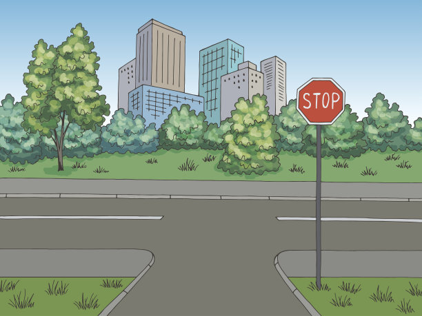 十字路口街道道路图形色彩城市景观素描插图向量图片下载