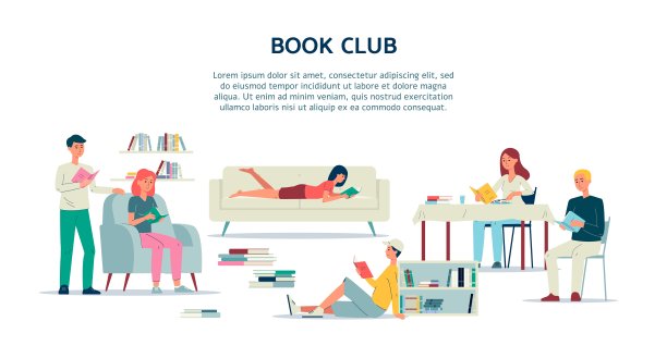 书友会横幅模板与读者字符，平面矢量插图。图片下载