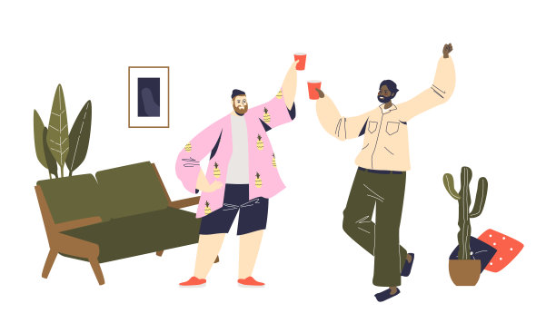 两个男人在“轰趴”上用塑料玻璃杯欢呼。朋友们在家里开会隔离图片下载