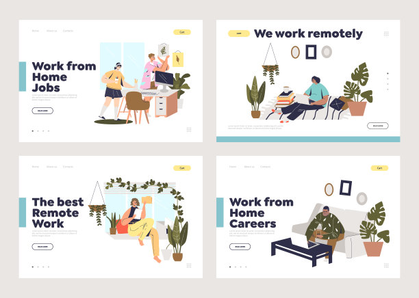 家庭办公室的概念设置登陆页与卡通人物从家里在电脑上工作图片下载