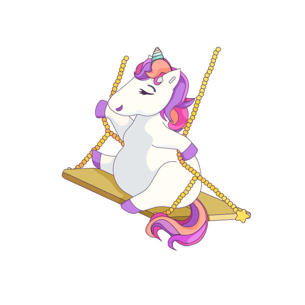 漂亮的卡通独角兽坐在秋千上白色孤立的背景，矢量股票插图，童话和虚构世界的概念，希腊神话和传说，奇迹，魔法和幻想。图片下载