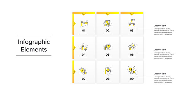 具有9步矩形的业务方阵图信息图。企业网格图图形元素。公司演示表。幻灯片模板。矢量信息图形设计。图片下载
