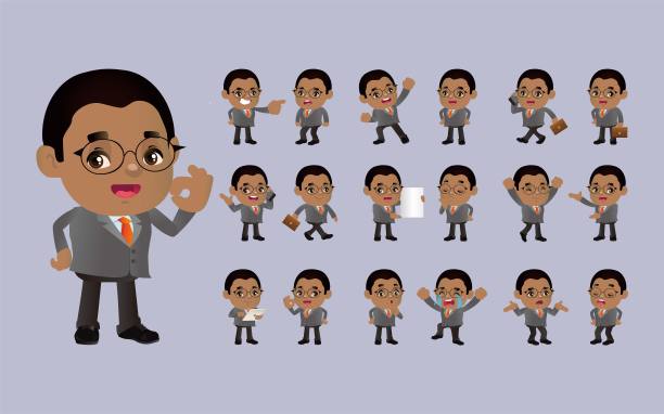 不同姿势的可爱布景商人。向量图片下载