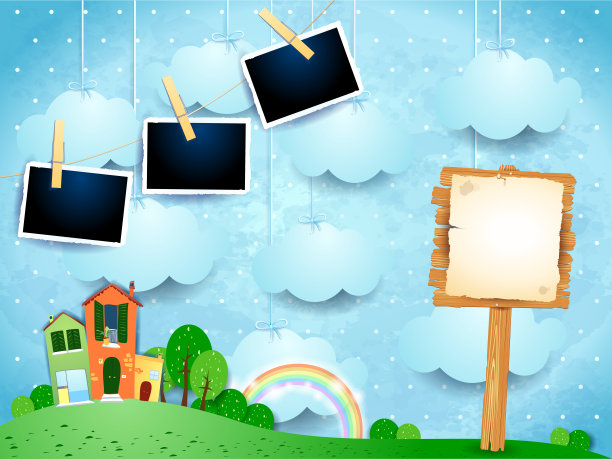 超现实的风景，小镇，标志和相框图片下载