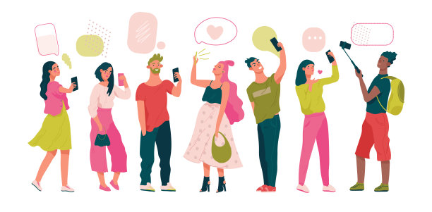 一群年轻时尚的男女拿着智能手机自拍。图片下载