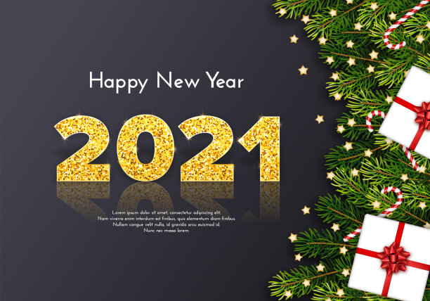 黄金数字2021与反射和阴影在黑暗的背景。用冷杉树枝、拐杖糖和蝴蝶结庆祝新年。庆典装饰。向量模板说明图片下载