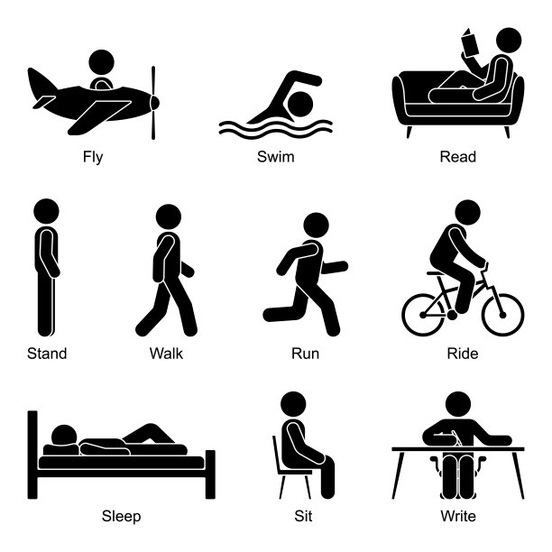 青年主动剪出棍形人飞、游、读、立、行、行、跑、骑、睡、坐、写矢量插图象形图标设置在白色背景上图片下载