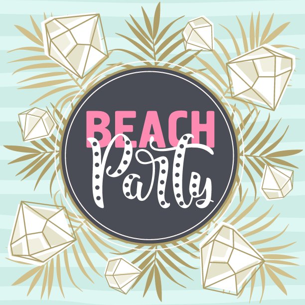 新鲜柠檬、叶子和切片。“海滩派对”手写字。标签、banner广告元素。矢量图。可用于织物、纸张、明信片、邀请函的印刷。图片下载