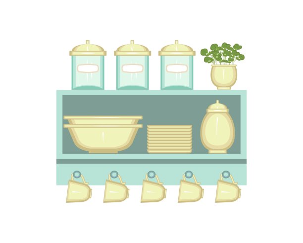 厨房。厨房用具架放盘子和厨房用具的架子图片下载