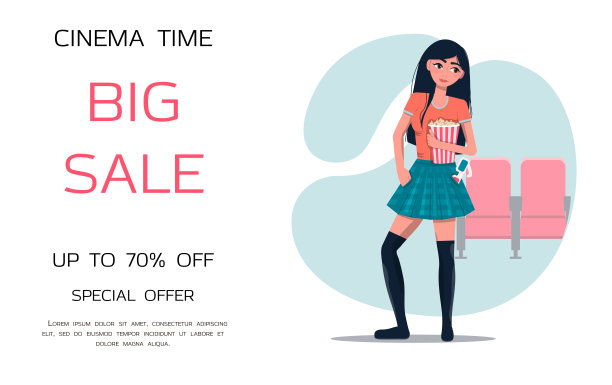 一个带着爆米花和立体眼镜在电影院的女孩。年轻漂亮的女孩，长长的黑发，穿着时髦的格子裙，坐在电影椅子的背景上。为网站、应用程序、娱乐广告、电影院和电影绘制的平面隔离图。图片下载