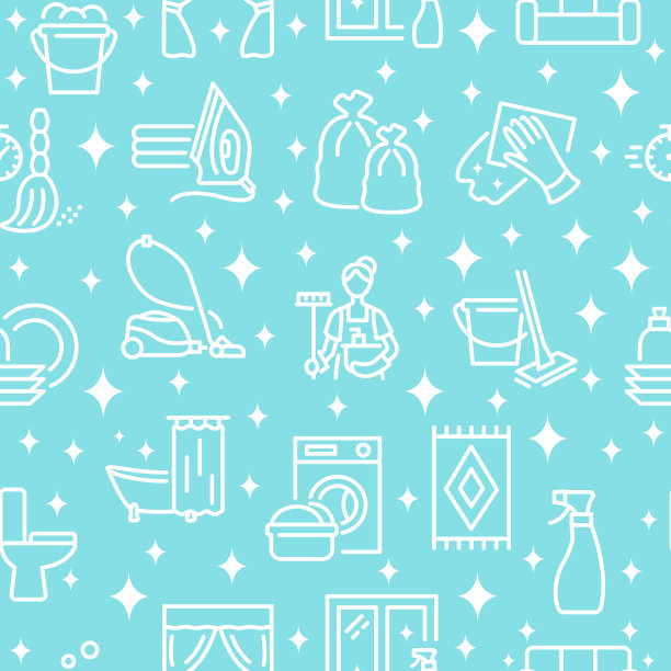 清洁服务无缝模式与平线白色图标在绿松石背景。图片下载