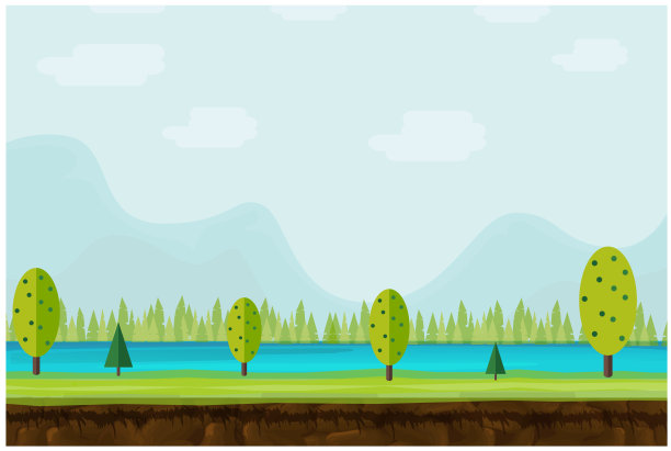 无缝卡通自然景观，矢量无尽的背景草，森林，山脉和天空层图片下载