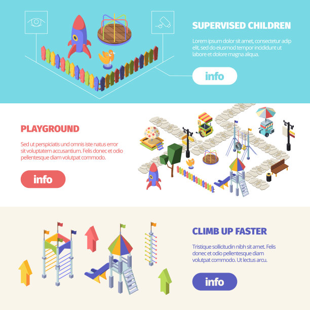 儿童游乐场所等距横横幅。欢快的户外活动，孩子们穿着令人兴奋的彩色拖鞋，沙盒里有童话人物，障碍赛。向量模板。图片下载