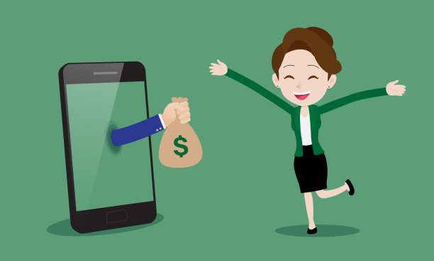 快乐的年轻女商人接受钱袋从智能手机屏幕，卡通矢量图片下载