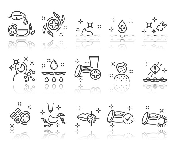 皮肤病学的图标集。护肤化妆品。质量设置。美容。皮肤护理。图片下载