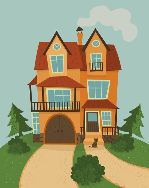 矢量插图。山上的乡村小屋和那只猫图片下载