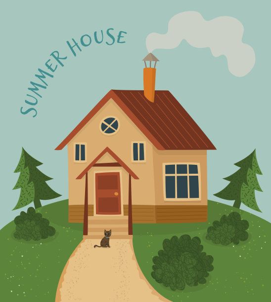 矢量插图。山上的乡村小屋和那只猫图片下载