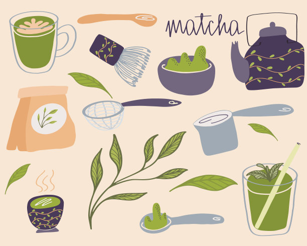 抹茶茶具。抹茶粉、马卡龙、茶叶、茶壶、麻糬、竹勺、茶。手绘向量集。平面设计。孤立的对象。图片下载