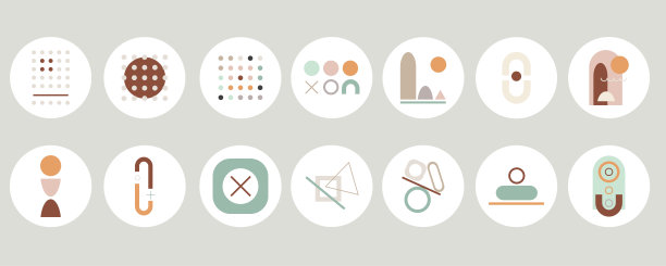 社交媒体内容的各种抽象几何封面亮点集。现代的图标。圆，拱，直线。设计标志，名片，品牌书籍，文具和印刷品。图片下载