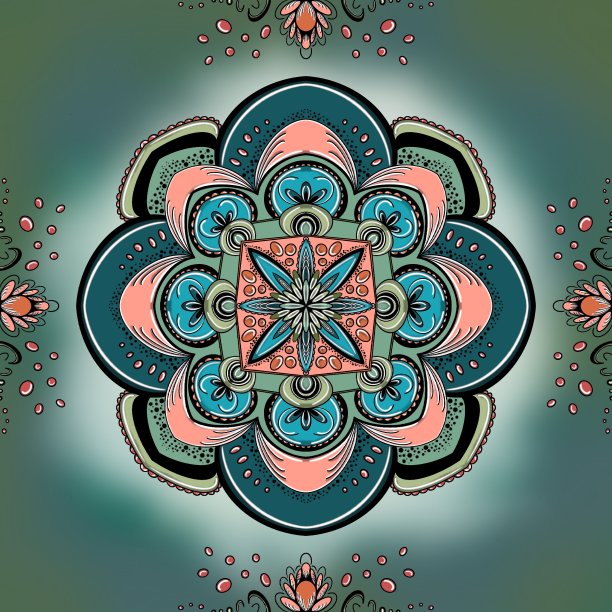 蓝色和橙红色曼荼罗插图与装饰品图片下载