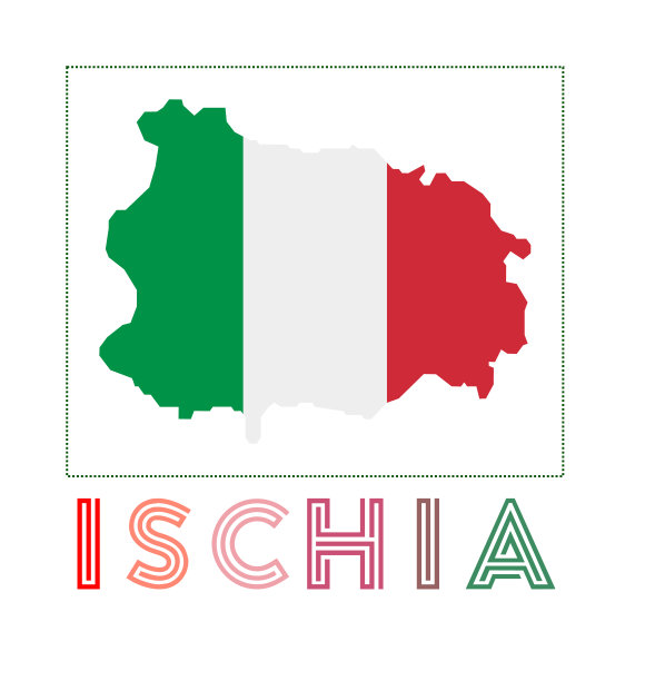 坐骨标志。伊斯基亚地图，有岛屿名称和旗帜。图片下载