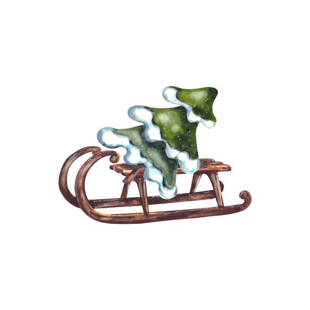 水彩插图的贺卡庆祝快乐的圣诞节和新年。圣诞树放在一个小的老式木制雪橇上。孤立在白色背景上图片下载