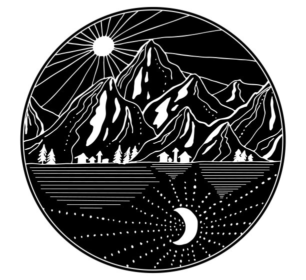 手绘的山有太阳和月亮。轮廓景观矢量插图。黑白线条涂鸦风格的艺术。图片下载