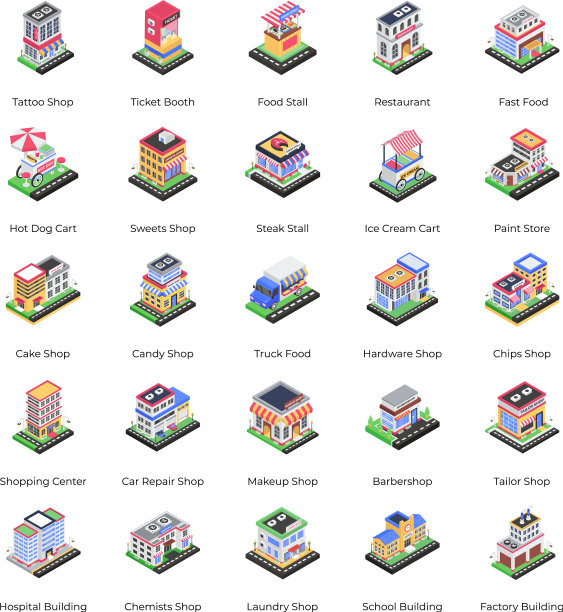 商业建筑等距图标包图片下载