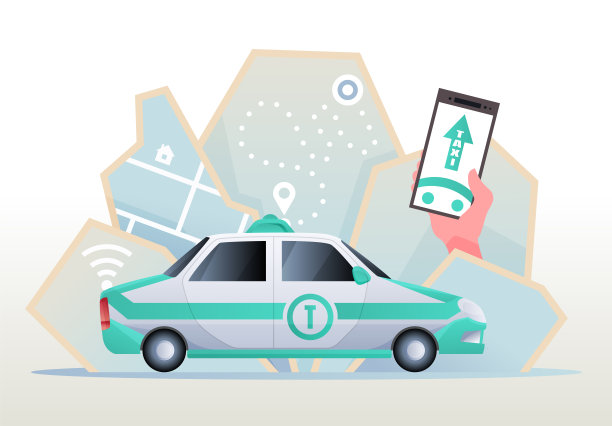 电动汽车出租车。手机与定位标志和智能汽车与现代城市天际线地图。通过智能手机应用控制的在线出租车服务的矢量图图片下载