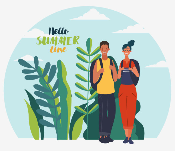 一对背着背包微笑的年轻夫妇。旅游，假期，假期和冒险矢量概念插图。夏天的风景背景。生态友好型生态理念。自然保育矢量海报图片下载