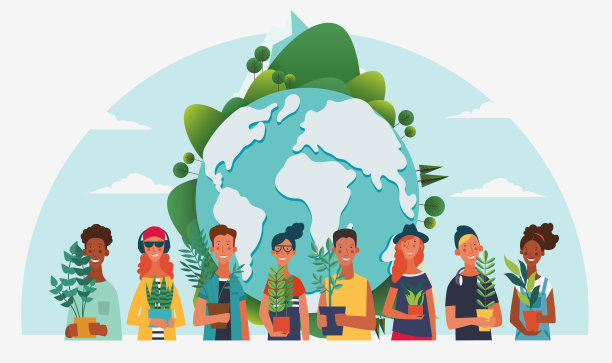 年轻人拿着不同的植物。生态友好型生态理念。自然守恒矢量图素材图片