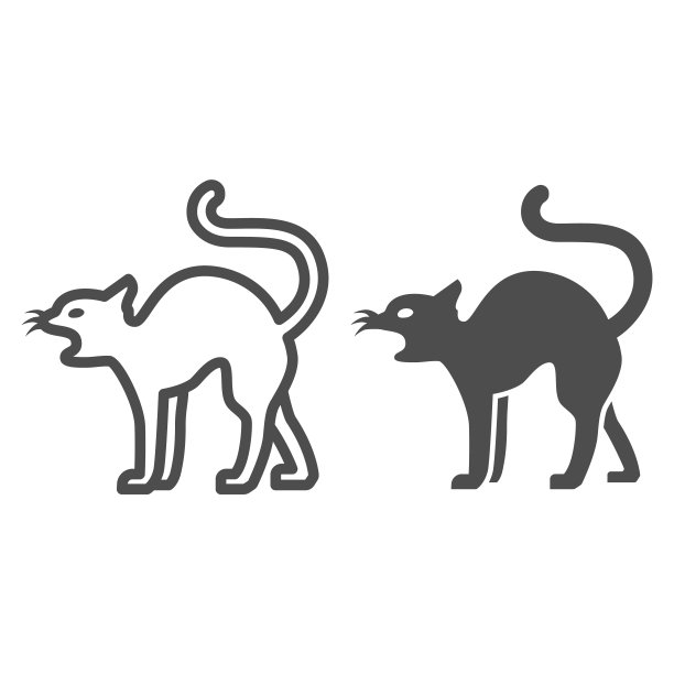 黑猫线和固体图标，万圣节概念，白色背景上的神奇动物标志，移动概念和网页设计的轮廓风格的猫剪影图标。矢量图形。图片下载