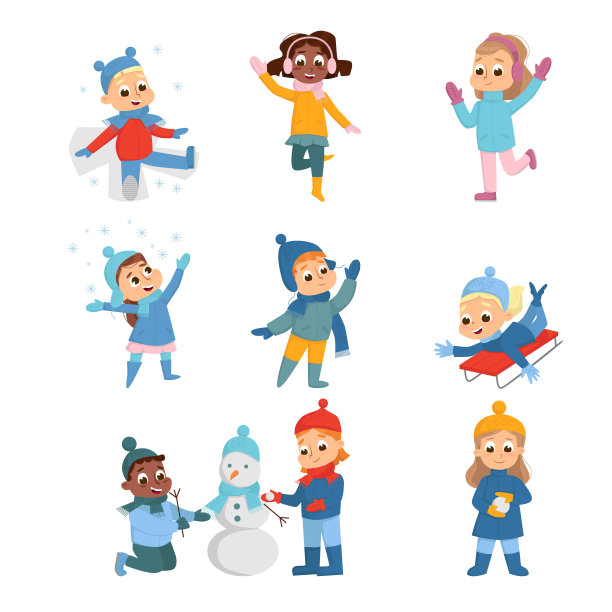 欢乐的孩子们享受寒假建筑雪人和雪橇矢量集图片下载