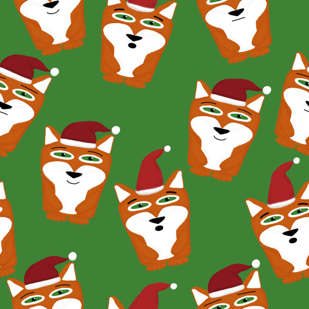 无缝图案的狐狸和圣诞老人的帽子在绿色的背景图片下载
