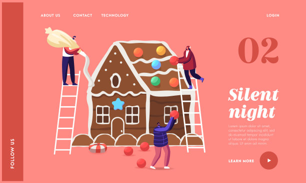 小角色装饰巨大的圣诞姜饼屋登陆页面模板。饼干和糖果。圣诞假期治疗图片下载
