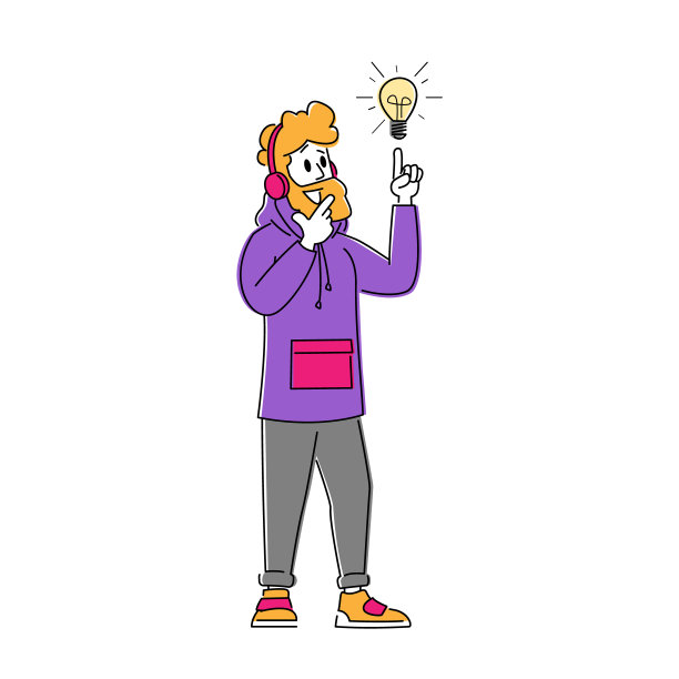 创意概念。商人穿着时髦的衣服，戴着耳机，食指对着发光的灯泡图片下载