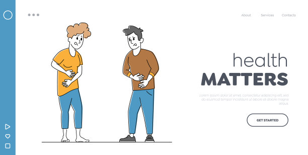 健康问题，胃疾病症状登陆页面模板。一对人物感到强烈的腹痛，疾病图片下载