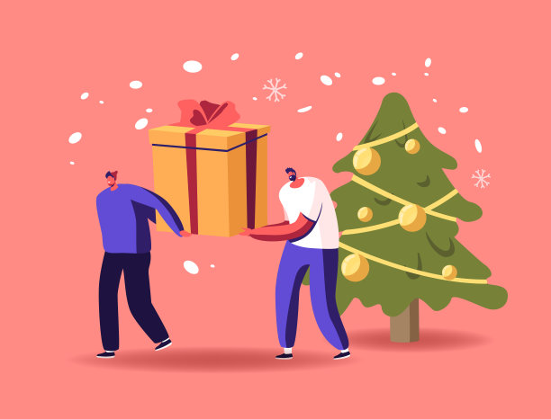 小男性角色拉巨大的礼物盒在雪景装饰冷杉树。冬季假期，圣诞节图片下载