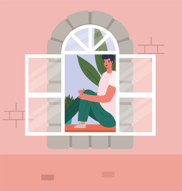 一个男人从粉红色的房子向窗外看图片下载