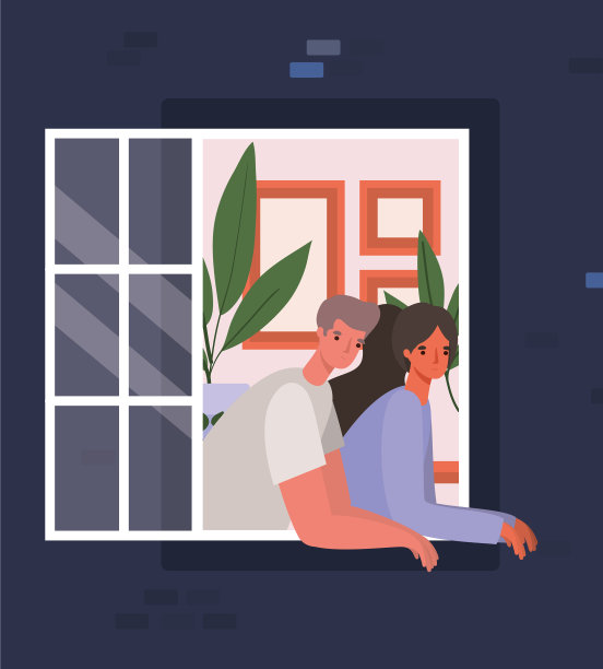 一对夫妇从蓝房子向窗外看图片下载