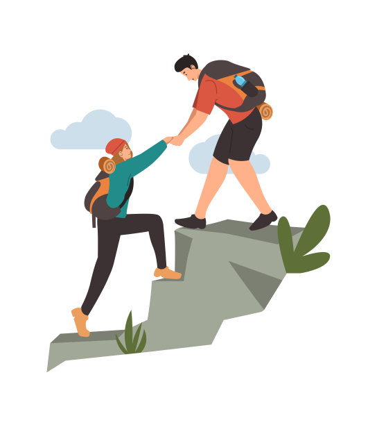 徒步旅行者夫妇互相帮助爬上岩石图片下载